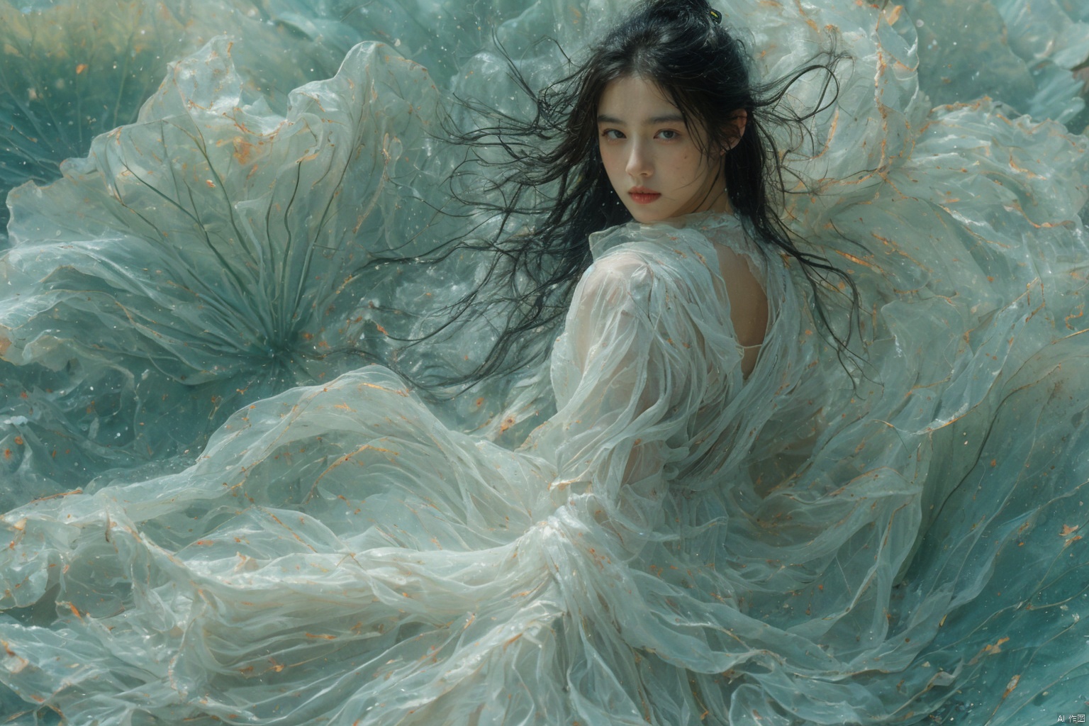 sdmai, bohenv, Lotus, lotus pond, water drops, 1girl, solo, looking at viewer, brown eyes, realistic, parted lips, flower, brown hair, long hair