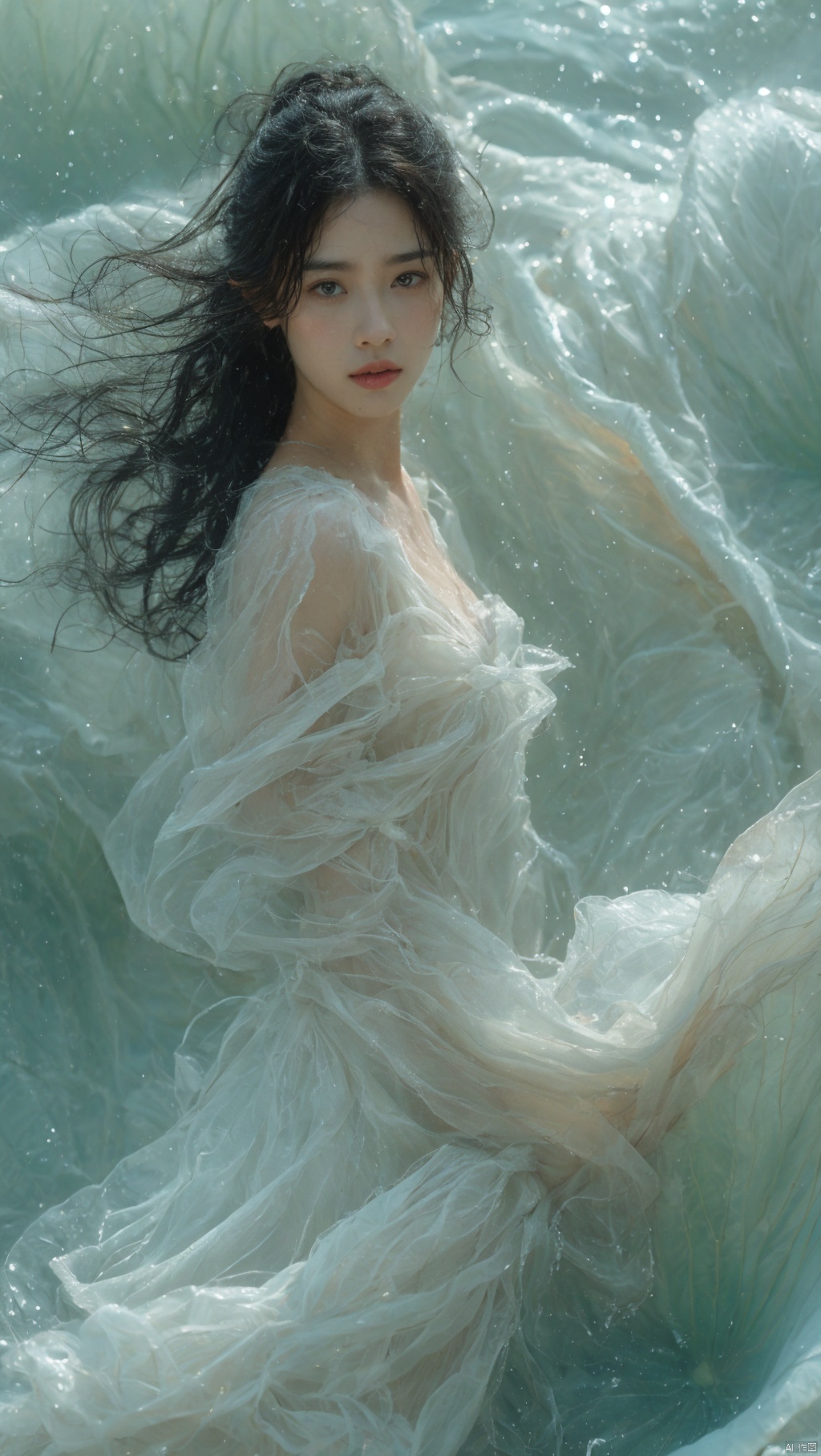 sdmai,bohenv,Lotus,lotus pond,water drops,1girl,solo,realistic,flower,looking at viewer,water,black hair,parted lips,jewelry,long hair,earrings,browneyes,lips,