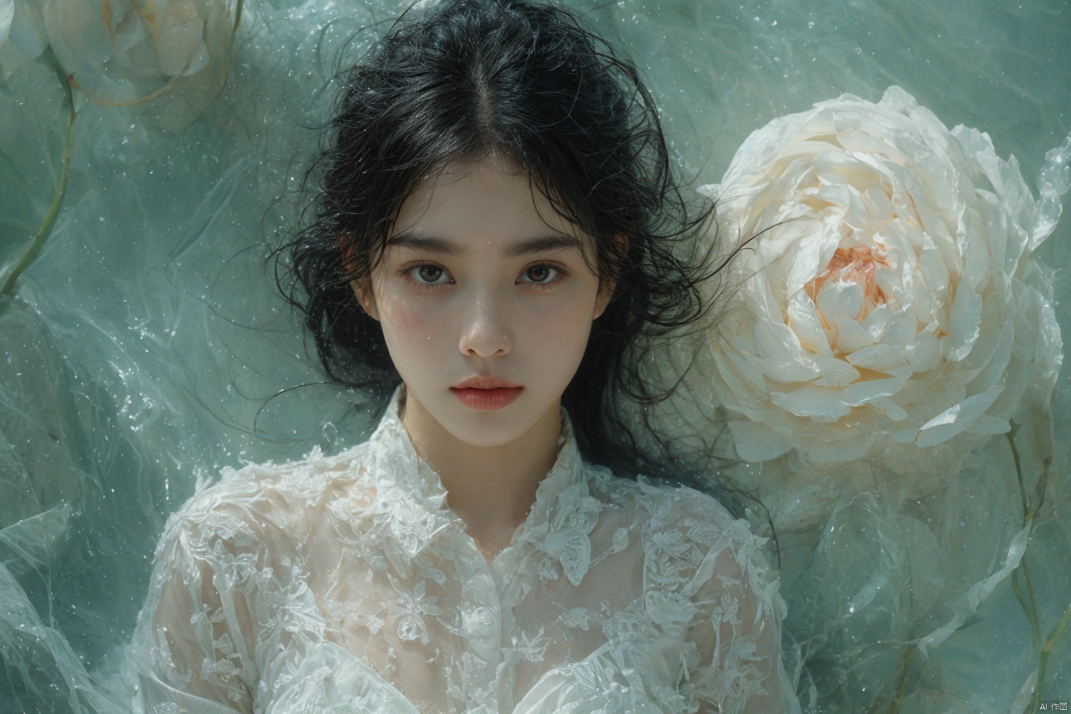 sdmai,bohenv,Lotus,lotus pond,water drops,1girl,solo,realistic,moon,black hair,breasts,long hair,dress,looking at viewer,white dress,full moon,medium breasts,water,parted lips,facial mark,
,