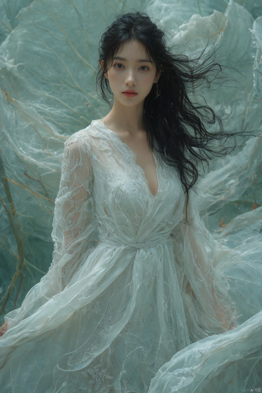 sdmai,bohenv,Lotus,lotus pond,water drops,1girl,solo,realistic,moon,black hair,breasts,long hair,dress,looking at viewer,white dress,full moon,medium breasts,water,parted lips,facial mark,
,

