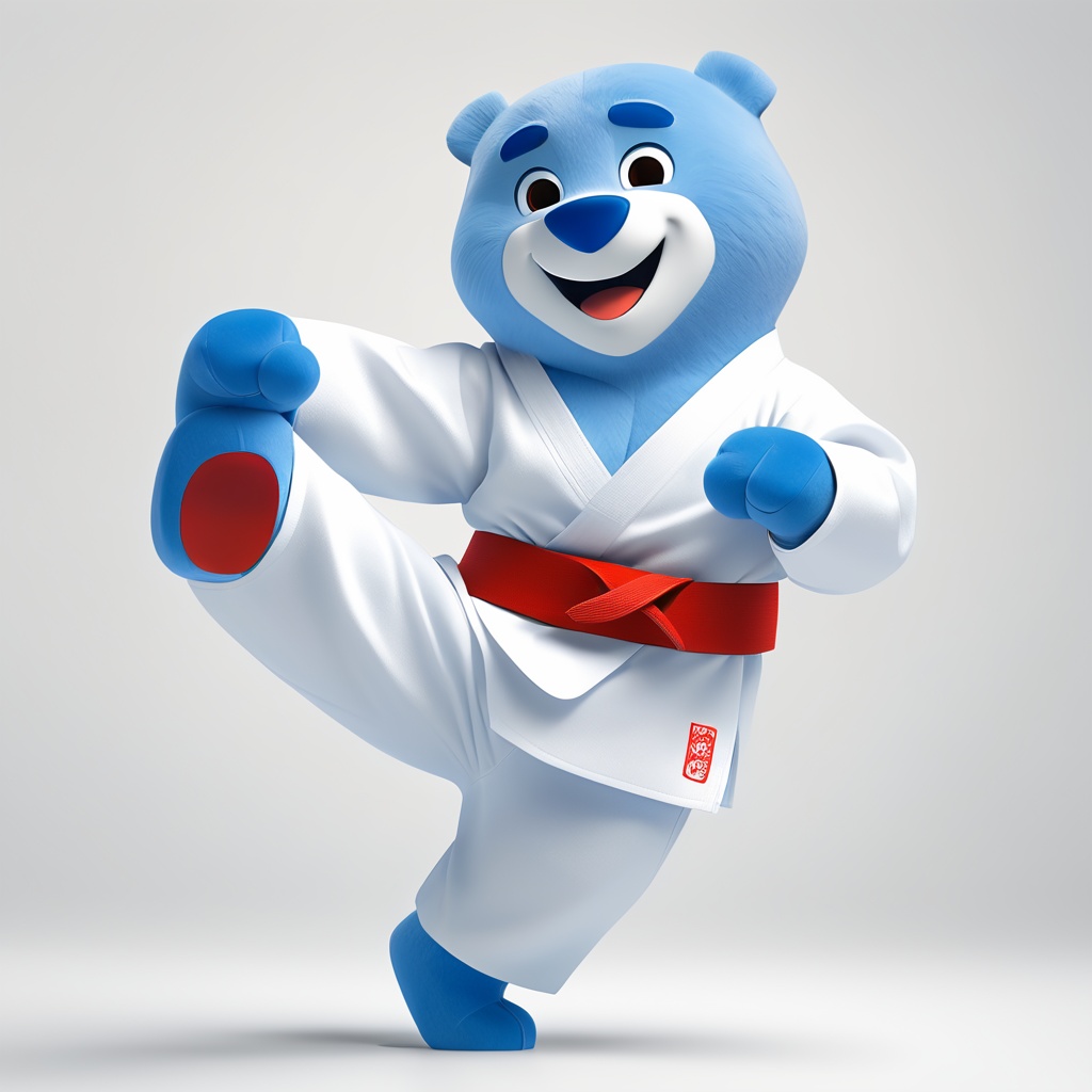 DMdyoma,  blue cartoon bear does karate high kick,  open mouth on Tensor.Art