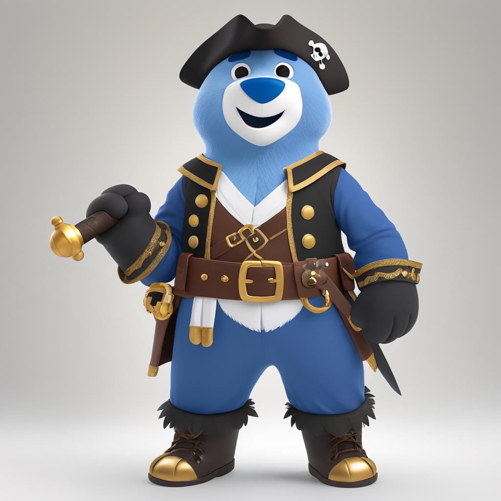 DMdyoma,  blue cartoon bear in a pirate costume,  bear appears majestic and strong on Tensor.Art