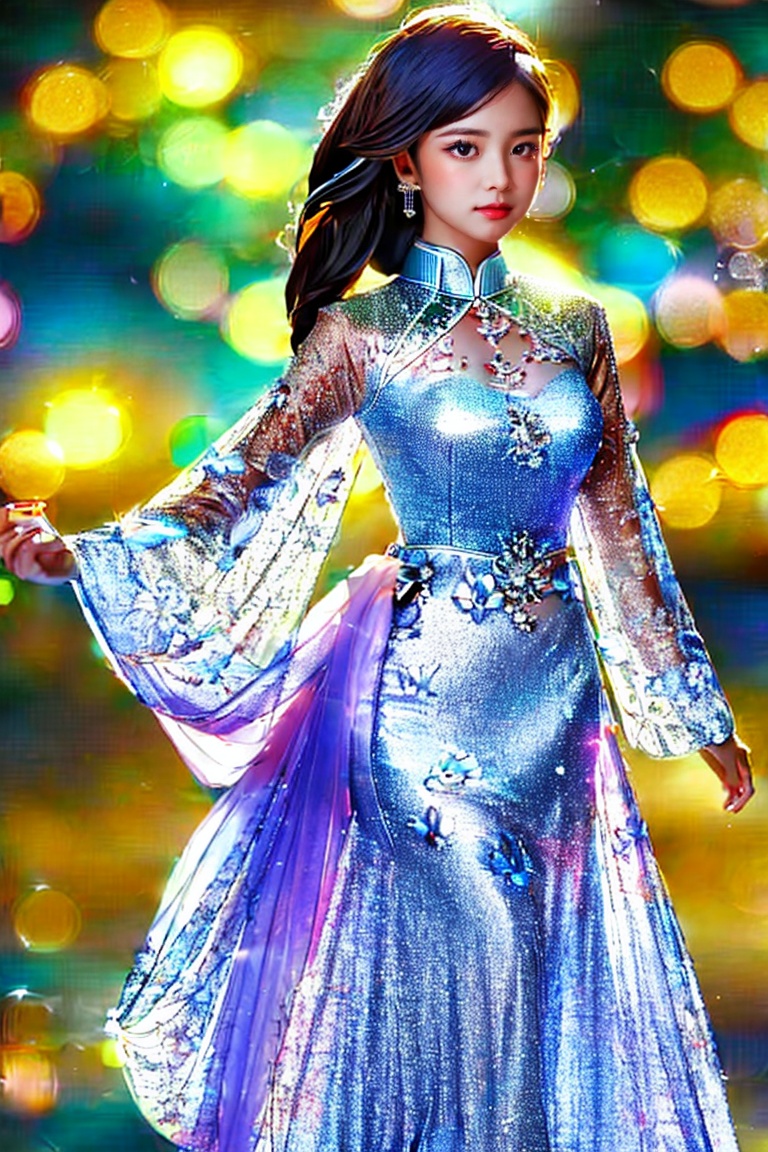 Masterpiece image of a beautiful vietnamese girl in ao dai with medium-length hair star-gazing under the moonlight,  divin...