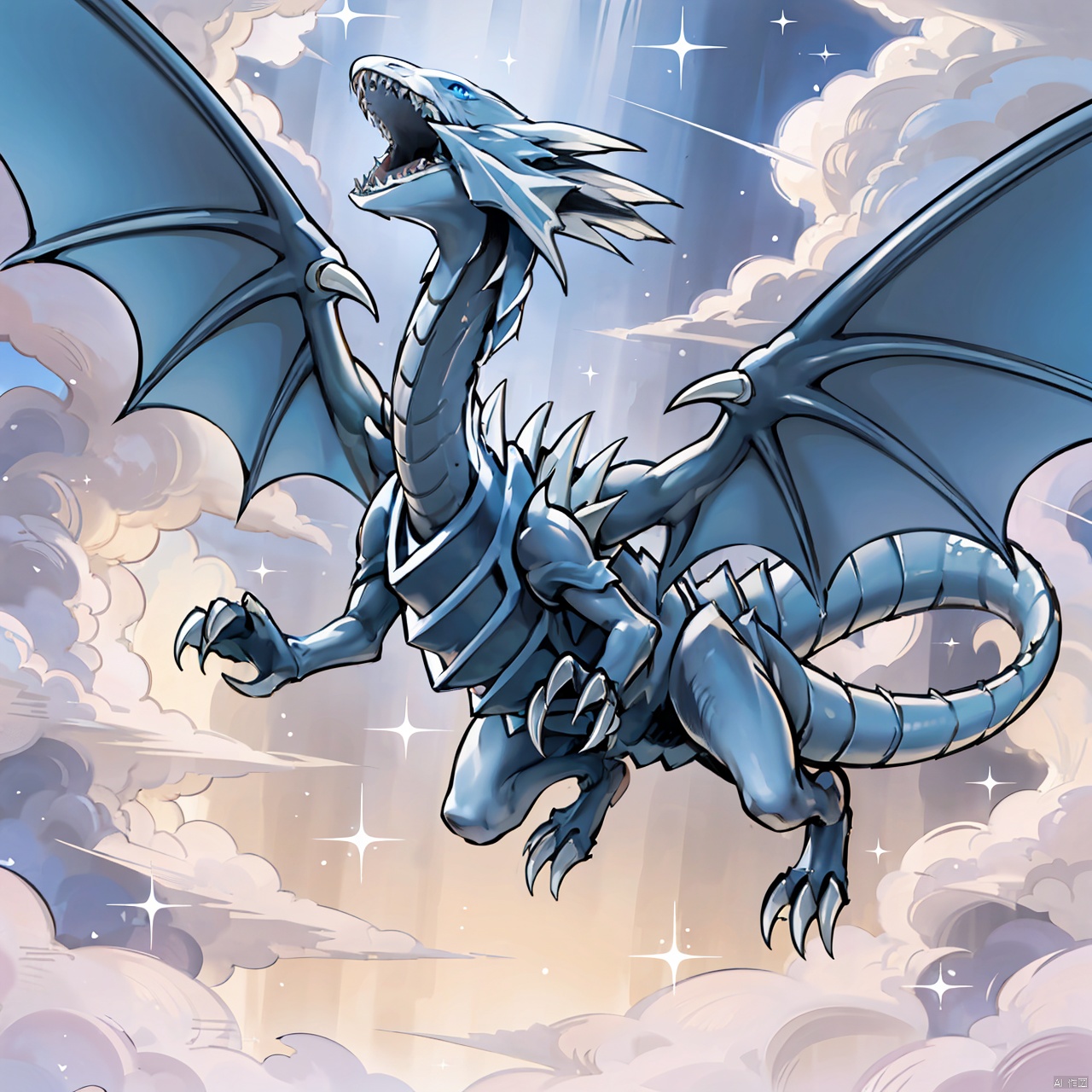  masterpiece, bestquality, Blue-Eyes White Dragon, open mouth, tail, wings, sky, teeth, cloud, no humans, sparkle, sharp teeth, claws, flying, dragon, duel monster,