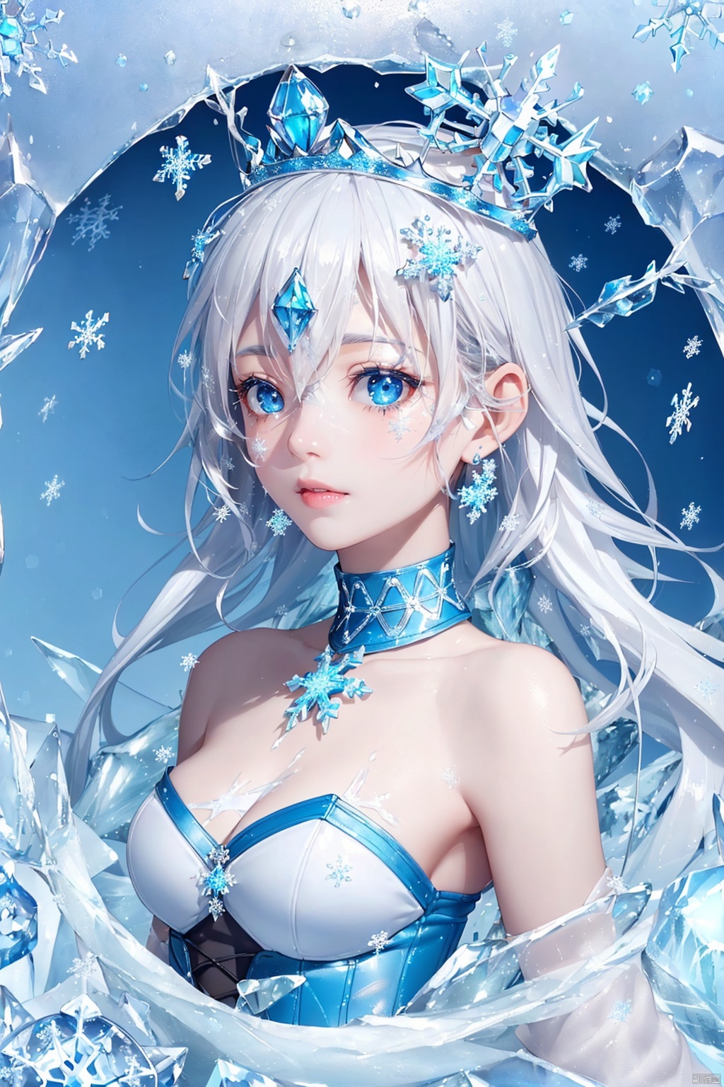 (detailed light), (an extremely delicate and beautiful), volume light, best shadow,cinematic lighting, flash, Depth of field, dynamic angle, (nsfw:0.8), Oily skin,
((ice-sculpture-loli)+(detailed eyes)+(detailed messy white ice-hair)+(Extremely delicate and beautiful ice-sculpture-loli)+(Ice-crystals-skin:1.4)+(detailed ice-Texture:1.4))+(Reflective snowflake-skin:1.3)+(blue bustier:1.35)+(Snowflakes on the skin:1.3)+(ice crystals on the skin:1.3)+(ice-snowflake-crown on head:1.25)+(snowflake)+(Cute anime face)+(bell collar:1.3)+(Medium breasts:1.2)+(Extremely delicate and beautiful)+(Flowing-ice:1.3),upper body,
(complexity),((detailed blue-fire-magic-circle background:1.3)+(Snowflake-concentric-circles:1.3))

