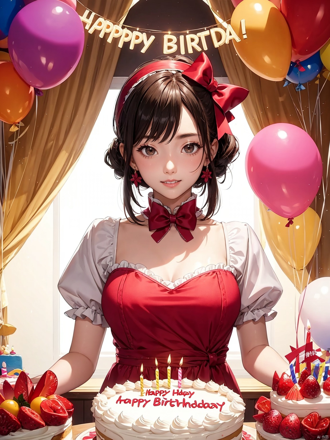  (Masterpiece, best quality)
(detailed light), (an extremely delicate and beautiful), volume light, best shadow, flash, Depth of field, dynamic angle, Oily skin
upper body, 1 Girl on her birthday, extremely detailed big birthday cake,
Colorful Lolita dresses, lots of pretty ruffles, red bows, headbands,
Make a wish
Beautiful elegant room, lots of streamers,balloon
BREAK
生日快乐歌：
Happy birthday to you
Happy birthday to you
Happy birthday, happy birthday
Happy birthday to you
