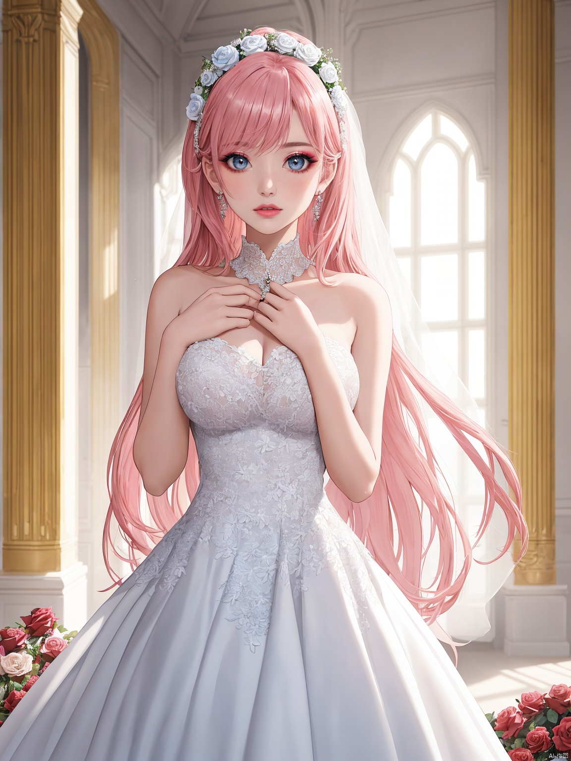  masterpiece,1 girl,22 years old,Look at me,Exquisite makeup,Pink hair.,Long hair,white wedding dress,Wipe the chest,Indoor,Exquisite decoration,Bright light,Stand,In the middle of the picture,Whole body,Plenty of roses,textured skin,super detail,best quality,Future City,FilmGirl,blue and white porcelain,