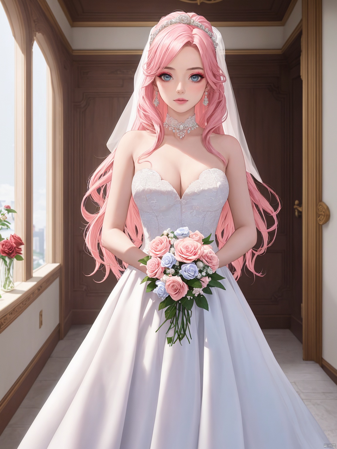  masterpiece,1 girl,22 years old,Look at me,Exquisite makeup,Pink hair.,Long hair,white wedding dress,Wipe the chest,Indoor,Exquisite decoration,Bright light,Stand,In the middle of the picture,Whole body,Plenty of roses,textured skin,super detail,best quality,Future City,FilmGirl,blue and white porcelain,