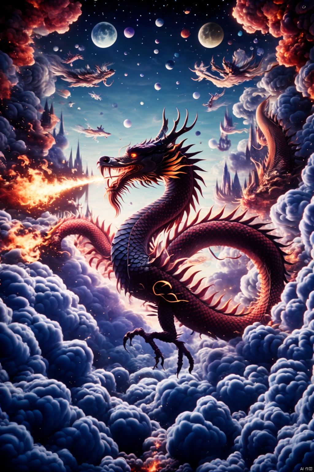  Red Dragon\(ip\), dragon, eastern dragon, cloud, breathing fire, sky, horns, flying, tongue, no humans, open mouth