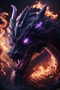 Black Dragon\(pi\),  dragon,  no humans,  glowing eyes,  eastern dragon,  glowing,  horns,  scales,  sharp teeth,  purple eyes,  open mouth,  looking at viewer,  teeth,  fangs,  fire,<lora:EMS-280677-EMS:0.900000>