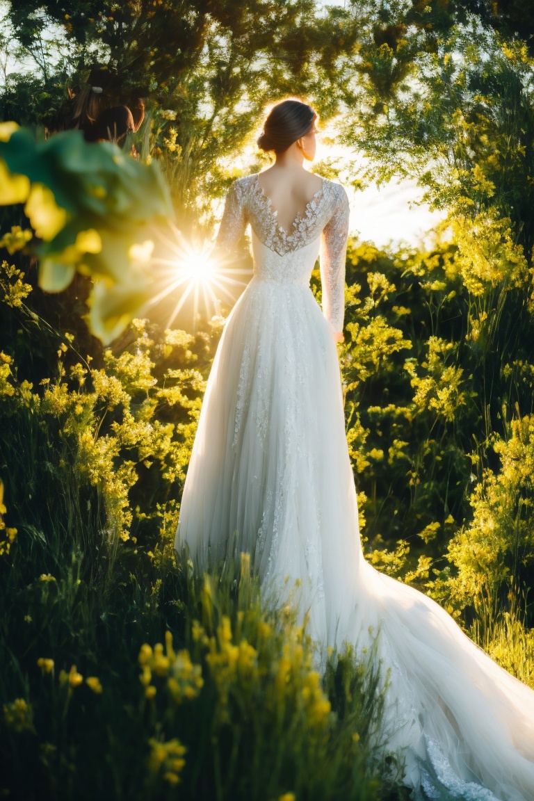 The image depicts a person in a white dress with their face obscured,  standing outdoors amidst ethereal lighting. The per...