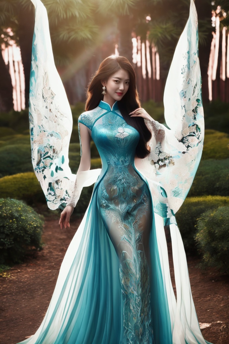 The image depicts a beauty vietnamese girl in white ao dai with her beauty lovely face smiling,  standing outdoors amidst...