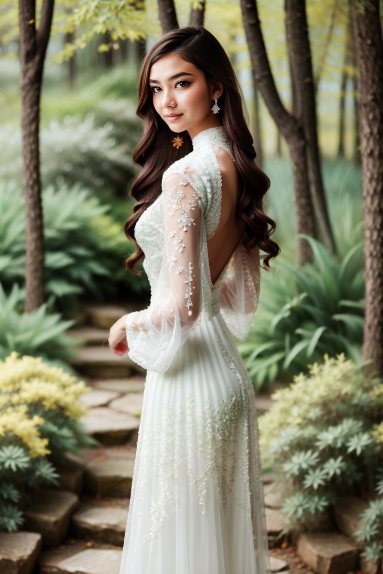 The image depicts a person in a white dress with their face obscured,  standing outdoors amidst ethereal lighting. The per...