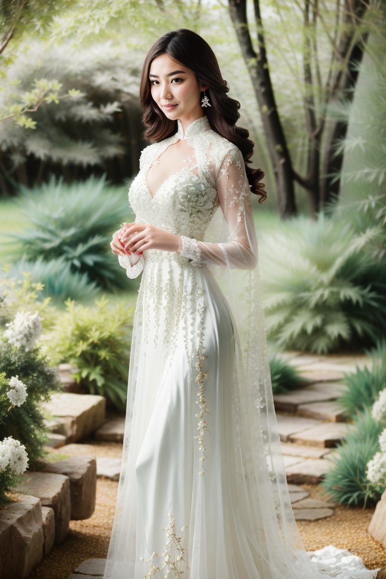 The image depicts a person in a white dress with their face obscured,  standing outdoors amidst ethereal lighting. The per...