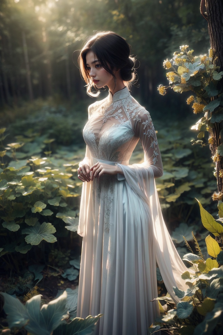 The image depicts a person in a white dress with their face obscured,  standing outdoors amidst ethereal lighting. The per...