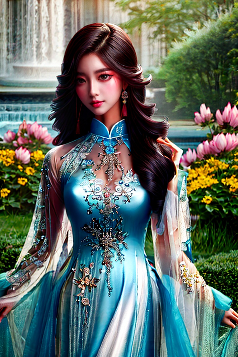 Photorealistic portrait of a 17-year-old Vietnamese girl with long black with white highlight hair.She has dark chocolate...