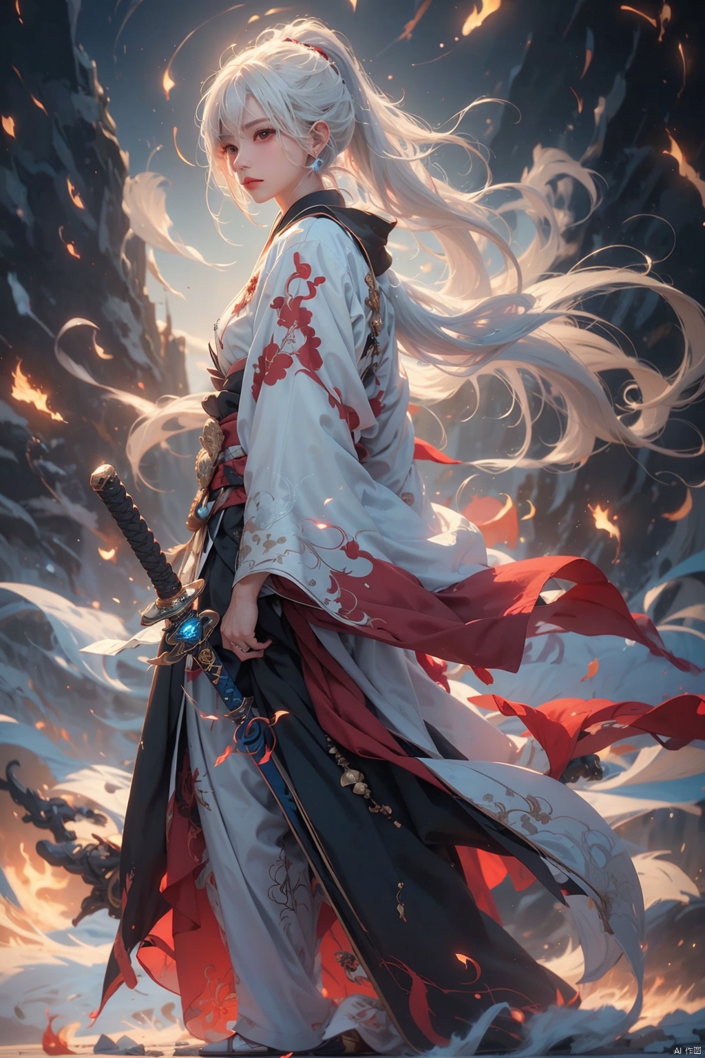 (Oriental Fairy Hero Style: 1.5, Taoist elements)/(Movie Style),  (Cold light source theme: 1.2)HDR,  UHD,  8K,  detailed,  best quality, 1 Girl,  Solo,  (Female Focus: 1.6), (White hair),  (High ponytail), (Asian race: 1.2)(Looking at the camera),  (Eye size: 1.31)Delicate face,  long hairElegant,  aesthetic pose,  sharp eyes,  red lips,  bangs,  earings,  wide sleeps,  dress,  kimono,  hanfu,  cardigan,  print,  tassel,  (full body - blue white flame: 1.5,  transparency: 1.2).（(Holding weapons, swords,  blades,  hilts,  scabbard,  out scabbards)).(Motion Blur: 1.4),  (Depth of Field: 1.5),  (Ray Tracing Lighting: 1.3)Fluttering Red Ribbon: 1.2,  (Cloud and Mist Rollover: 1.5),  (White Airflow Rotation: 1.5),  (Black background),  1boy,<lora:EMS-88528-EMS:0.300000>,<lora:EMS-272099-EMS:0.100000>,<lora:EMS-258865-EMS:0.400000>,<lora:EMS-80191-EMS:0.300000>