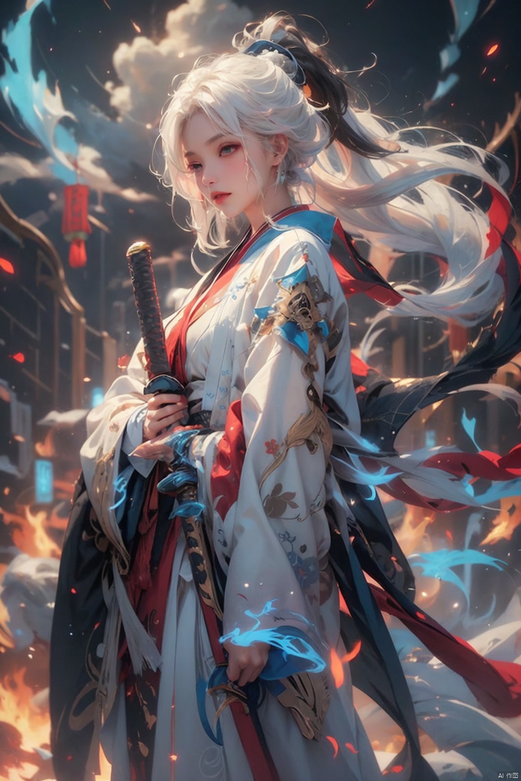 (Oriental Fairy Hero Style: 1.5, Taoist elements)/(Movie Style),  (Cold light source theme: 1.2)HDR,  UHD,  8K,  detailed,  best quality, 1 Girl,  Solo,  (Female Focus: 1.6), (White hair),  (High ponytail), (Asian race: 1.2)(Looking at the camera),  (Eye size: 1.31)Delicate face,  long hairElegant,  aesthetic pose,  sharp eyes,  red lips,  bangs,  earings,  wide sleeps,  dress,  kimono,  hanfu,  cardigan,  print,  tassel,  (full body - blue white flame: 1.5,  transparency: 1.2).（(Holding weapons, swords,  blades,  hilts,  scabbard,  out scabbards)).(Motion Blur: 1.4),  (Depth of Field: 1.5),  (Ray Tracing Lighting: 1.3)Fluttering Red Ribbon: 1.2,  (Cloud and Mist Rollover: 1.5),  (White Airflow Rotation: 1.5),  (Black background),  1boy,<lora:EMS-258865-EMS:0.400000>,<lora:EMS-80191-EMS:0.300000>,<lora:EMS-88528-EMS:0.300000>,<lora:EMS-272099-EMS:0.100000>