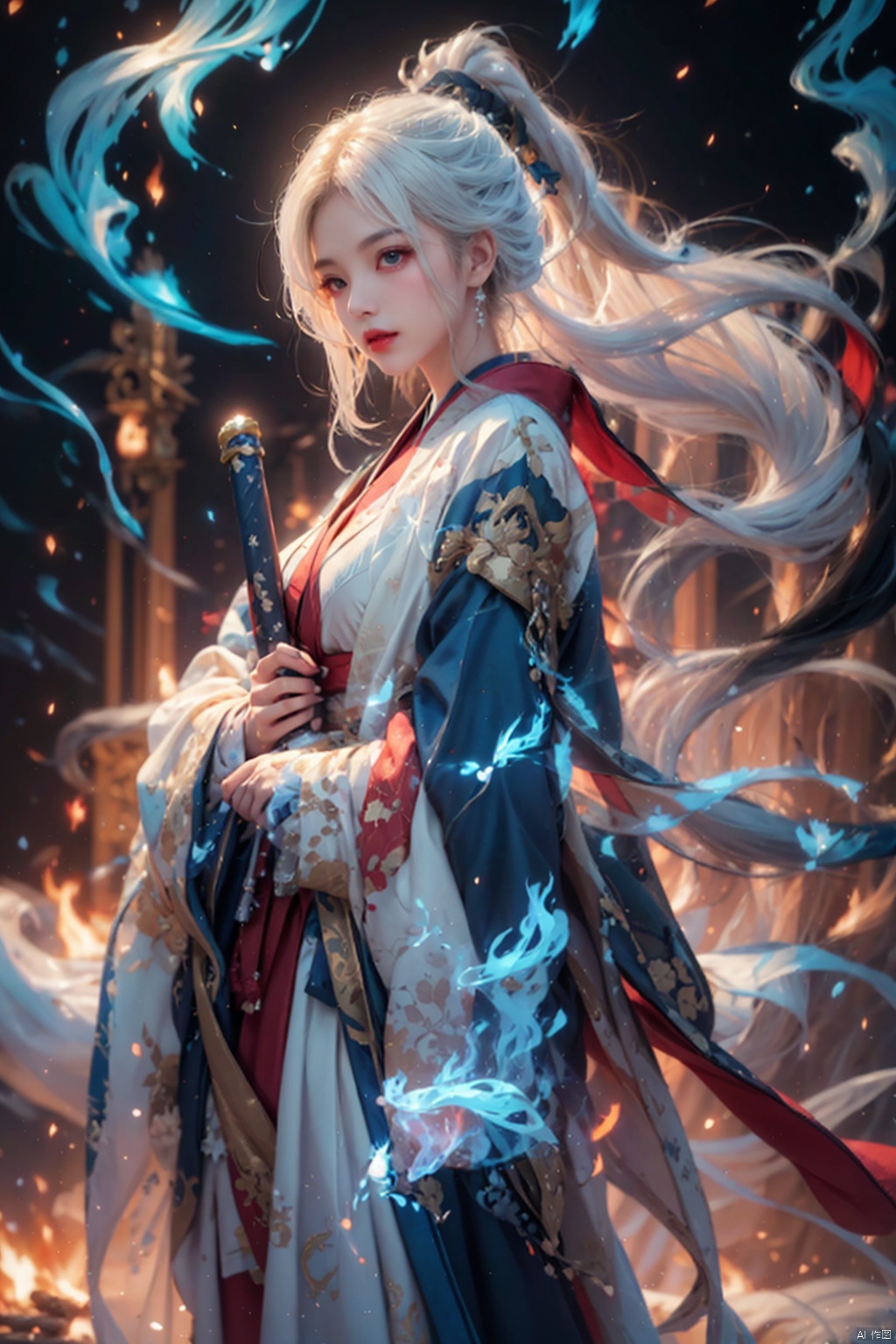  (Oriental Fairy Hero Style: 1.5,Taoist elements)/(Movie Style), (Cold light source theme: 1.2)
HDR, UHD, 8K, detailed, best quality,
1 Girl, Solo, (Female Focus: 1.6),(White hair), (High ponytail),
(Looking at the camera),
Delicate face, long hair
Elegant, aesthetic pose, sharp eyes, red lips, bangs, (Black clothing: 1.2), (Wide sleeved),wide sleeps, dress, kimono, hanfu, cardigan, print, tassel, (full body - blue white flame: 1.5).
（(Holding weapons,swords, blades, hilts, scabbard, out scabbards)).
(Motion Blur: 1.4), (Depth of Field: 1.5), (Ray Tracing Lighting: 1.3)
Fluttering Red Ribbon: 1.2, (Cloud and Mist Rollover: 1.5), (White Airflow Rotation: 1.5), (Black background), huliya, 1 girl, light master