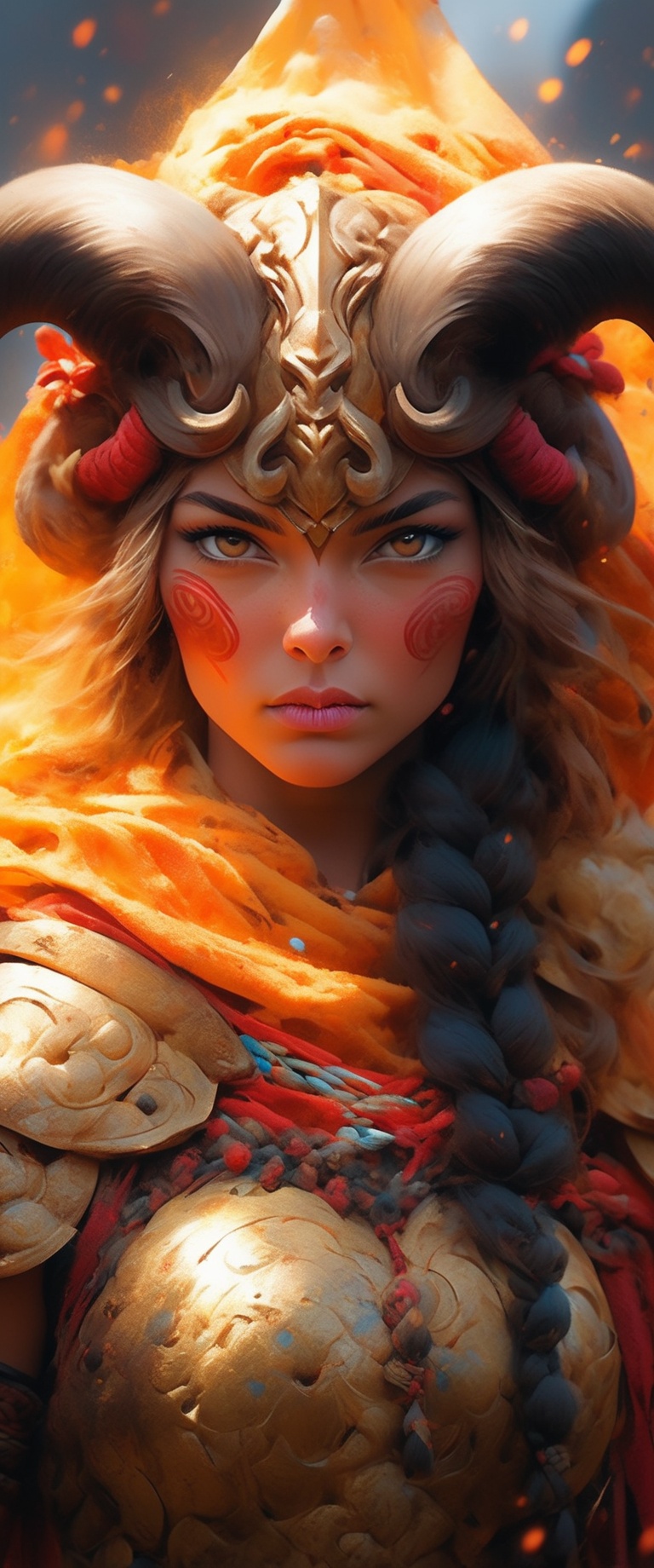 Viking woman with face tattoos; armor Valhalla intricately detailed photorealistic painting grizzled legendary symmetrical...