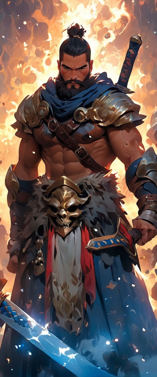 La imponente figura de un guerrero emerge de las sombras,  su musculatura poderosa y definida reflejando la fuerza y destr...