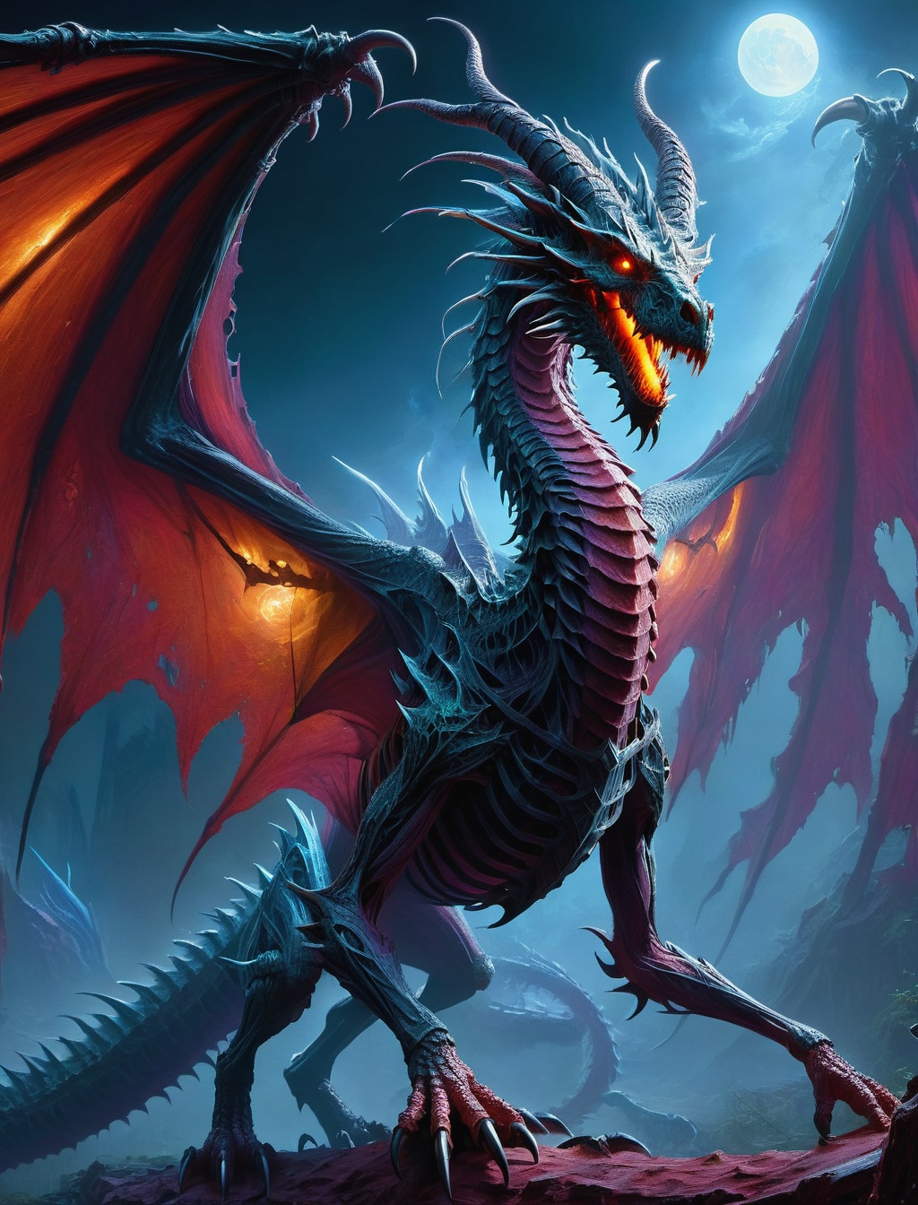 Ultra detailed illustration painting of a luminous undead dragon, black bioluminescence,  by marc simonetti and yoji shinkawa and wlop, todd lockwood, chris rallis, beksinski, dynamic pose, dark fantasy realm enviroment, mid shot, rule of thirds, depth of field, intricate details, concept art, extremely detailed, ultra sharp focus, light particles, grandeur and awe, cinematic, stunning visual masterpiece, cinematographic scene, style,art_booster,DracolichXL24