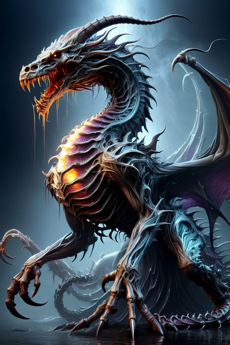 Radial side view,  surreal eldritch dracolich dragon formed out of metal and glowing from within,  dark art,  rearing abd roaring,  tendrils of metal pulling away,  swirling,  liquid metal,  inspired by hr giger,  made out of metal,  sharp focus,  balanced complex volumetric lighting,  ((Liquid Metal oil slick iridescent elemental 2.0)/personified liquid metal/liquid mercury/flowing liquid metal/waves and designs/full shot/intense/dramatic/atmospheric/unreal engine/Luis Royo/Nekro/Miho Hirano)), Decora_SWstyle, monster, silent hill style, DracolichXL24,<lora:EMS-261918-EMS:0.300000>,<lora:EMS-61413-EMS:0.400000>,<lora:EMS-154951-EMS:0.600000>,<lora:EMS-70296-EMS:0.400000>,<lora:EMS-280852-EMS:0.800000>