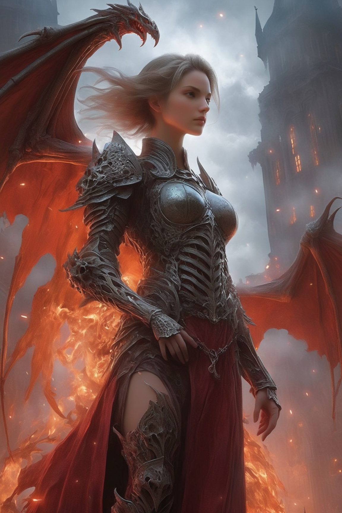"Dark romance fantasy,  a woman wearing dragon bone armor standing above a city,  an army looking up at her,  embers",  bones,  ribcage style armor,  eldritch,  dracolich-like armor,  Masterpiece,  Intricate,  Insanely Detailed,  Art by lois van baarle,  todd lockwood,  chris rallis,  anna dittmann,  Kim Jung Gi,  Gregory Crewdson,  Yoji Shinkawa,  Guy Denning,  Textured!!!!,  Chiaroscuro!!,  actionpainting,  best quality,  masterpiece, DracolichXL24, art_booster, LegendDarkFantasy, ellafreya, renny the insta girl, real_booster,<lora:EMS-275177-EMS:0.400000>,<lora:EMS-237707-EMS:0.500000>,<lora:EMS-25276-EMS:0.600000>,<lora:EMS-253343-EMS:0.600000>,<lora:EMS-276932-EMS:0.400000>,<lora:EMS-280852-EMS:0.600000>