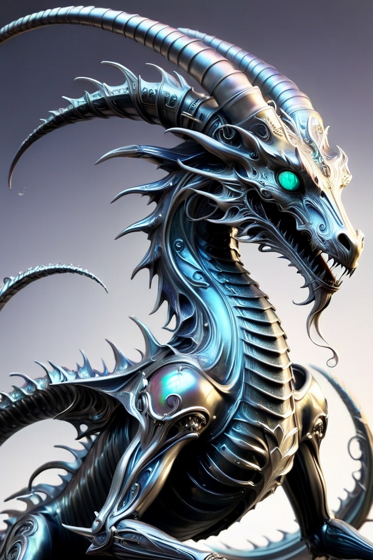 Fantastical majestic steampunk opal dragon,  art piece made of metal,  tendrils of metal pulling away,  swirling,  liquid metal art,  inspired by hr giger,  art made out of metal,  ((Liquid Metal oil slick iridescent elemental 2.0)/personified liquid metal/liquid mercury/flowing liquid metal/waves and designs/full shot/intense/dramatic/atmospheric/unreal engine/Luis Royo/Nekro/Miho Hirano)), Decora_SWstyle, DracolichXL24, real_booster,<lora:EMS-280852-EMS:0.700000>,<lora:EMS-276932-EMS:0.600000>,<lora:EMS-261918-EMS:0.200000>