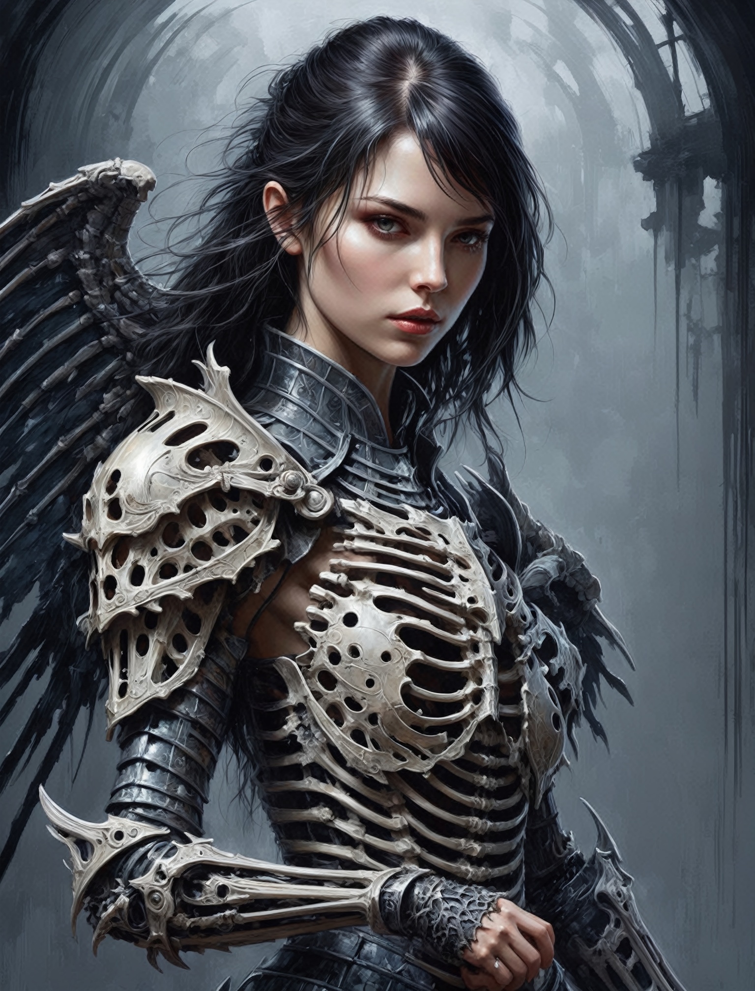 "Dark romance fantasy,  a woman wearing dragon bone armor",  bones,  ribcage style armor,  eldritch,  dracolich-like armor,  Masterpiece,  Intricate,  Insanely Detailed,  Art by lois van baarle,  todd lockwood,  chris rallis,  anna dittmann,  Kim Jung Gi,  Gregory Crewdson,  Yoji Shinkawa,  Guy Denning,  Textured!!!!,  Chiaroscuro!!,  actionpainting,  best quality,  masterpiece, DracolichXL24, art_booster, LegendDarkFantasy, ellafreya,<lora:EMS-25276-EMS:0.600000>,<lora:EMS-280852-EMS:0.700000>,<lora:EMS-275177-EMS:0.600000>,<lora:EMS-237707-EMS:0.500000>