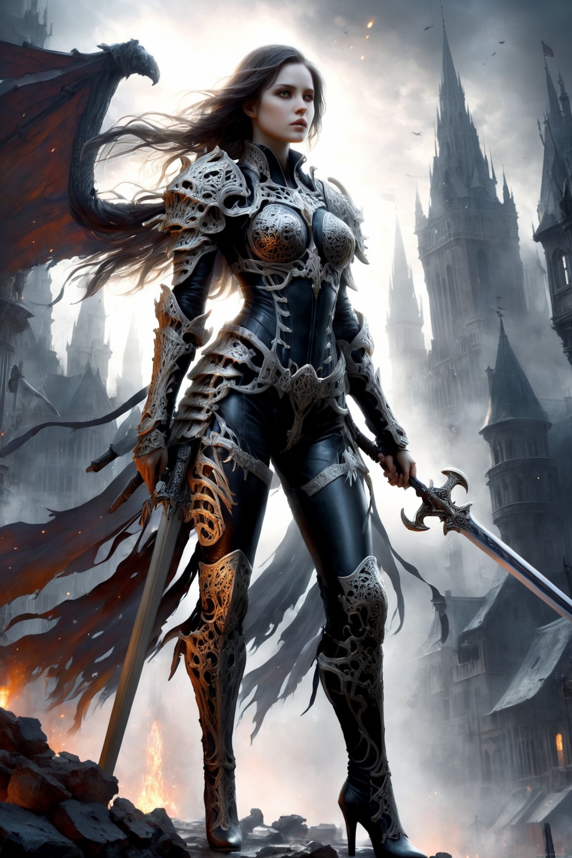 "Dark romance fantasy,  a woman wearing dragon bone armor standing above a city,  an army looking up at her,  embers",  bones,  ribcage style armor,  eldritch,  dracolich-like armor,  thigh high armored boots,  leather pants,  holding a sword and shield,  bone sword,  Masterpiece,  Intricate,  Insanely Detailed,  Art by lois van baarle,  todd lockwood,  chris rallis,  anna dittmann,  Kim Jung Gi,  Gregory Crewdson,  Yoji Shinkawa,  Guy Denning,  Textured!!!!,  Chiaroscuro!!,  actionpainting,  best quality,  masterpiece, DracolichXL24, art_booster, LegendDarkFantasy, ellafreya, Decora_SWstyle,<lora:EMS-25276-EMS:0.600000>,<lora:EMS-261918-EMS:0.500000>,<lora:EMS-280852-EMS:0.700000>,<lora:EMS-275177-EMS:0.500000>,<lora:EMS-237707-EMS:0.600000>