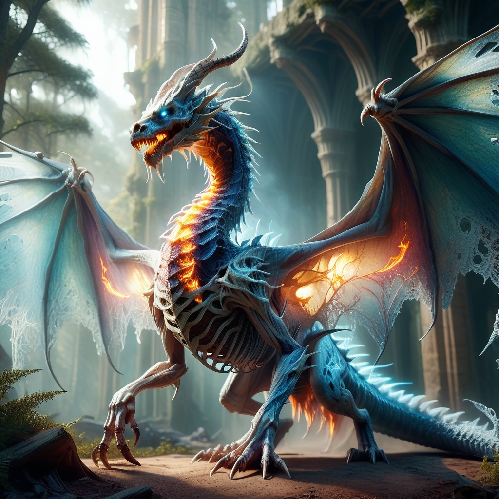 Fairytale illustration of ethereal,  ominous radioluminescent lace ice and fire ghost of a bluesilver undead dragon in a forest ruins,  full body,  moving tail,  delicate tattered wings,  spiritual digital hologram creature made of flame and embers and smoke wisps,  polychromatic,  smoky,  transparencies,  layers,  iridescent sparks,  glowing embers,  sheer lace,  shiny,  8k resolution,  behance,  Artstation,  photorealistic anime visual,  alberto seveso,  jordan grimmer,  cool detailed sci-fi fantasy setting background,  alberto seveso,  joel rea,  carne griffiths,  awe, DracolichXL24,<lora:EMS-280852-EMS:0.800000>