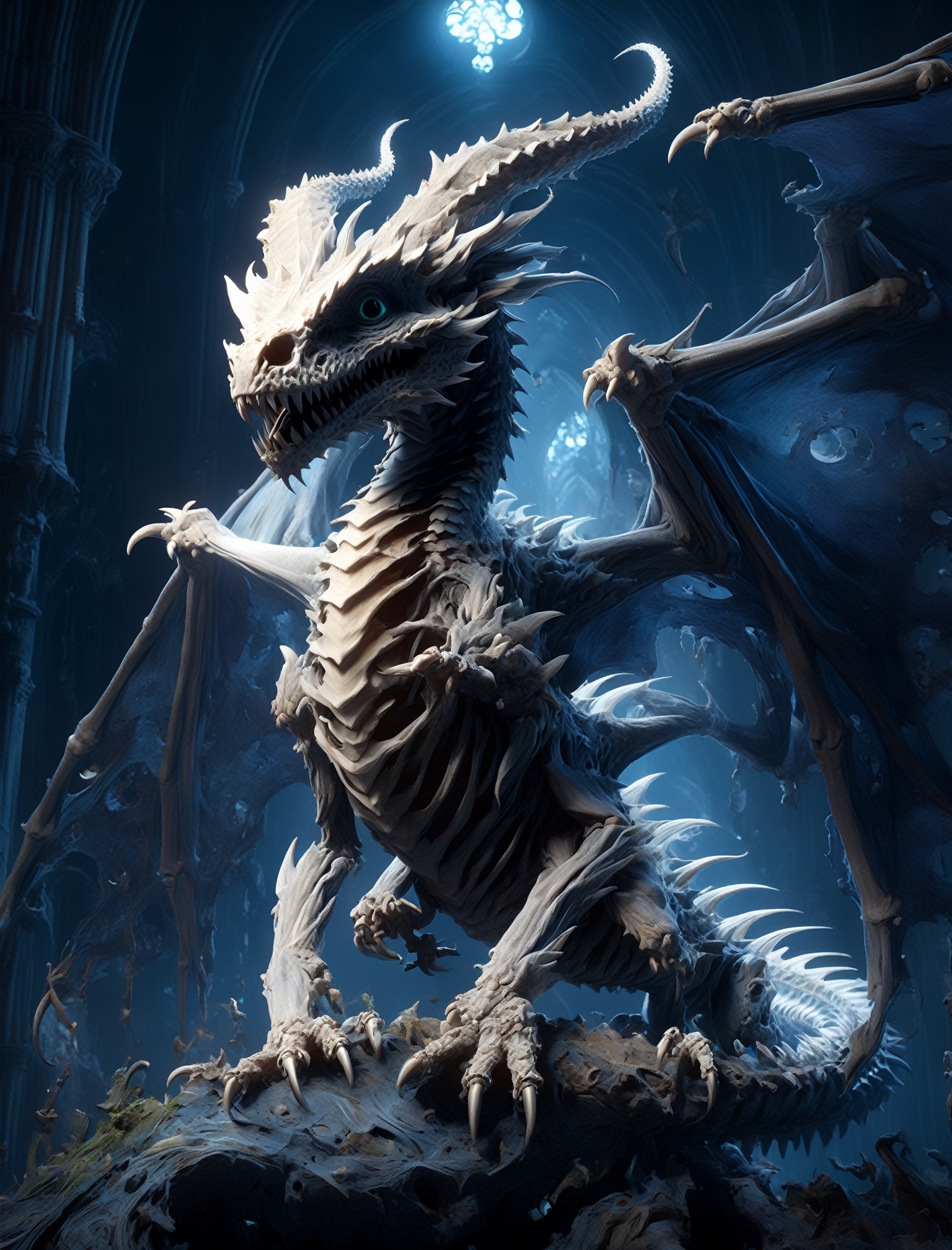 Ultra detailed illustration painting of a cute chibi baby dragon dracolich on navy bioluminescent galaxy,  exposed muscles and bone,  round skull-like head,  big sparkling eyes,  happy adorable horror creature,  dragon nest in an abandoned gothic cathedral,  detailed setting,  by marc simonetti and yoji shinkawa and wlop,  mark ryden,  chris ryniak,  todd lockwood,  chris rallis,  dynamic pose,  intricate details,  concept art,  extremely detailed,  cinematic,  stunning visual masterpiece, DracolichXL24, disney pixar style, glitter,<lora:EMS-280852-EMS:0.800000>