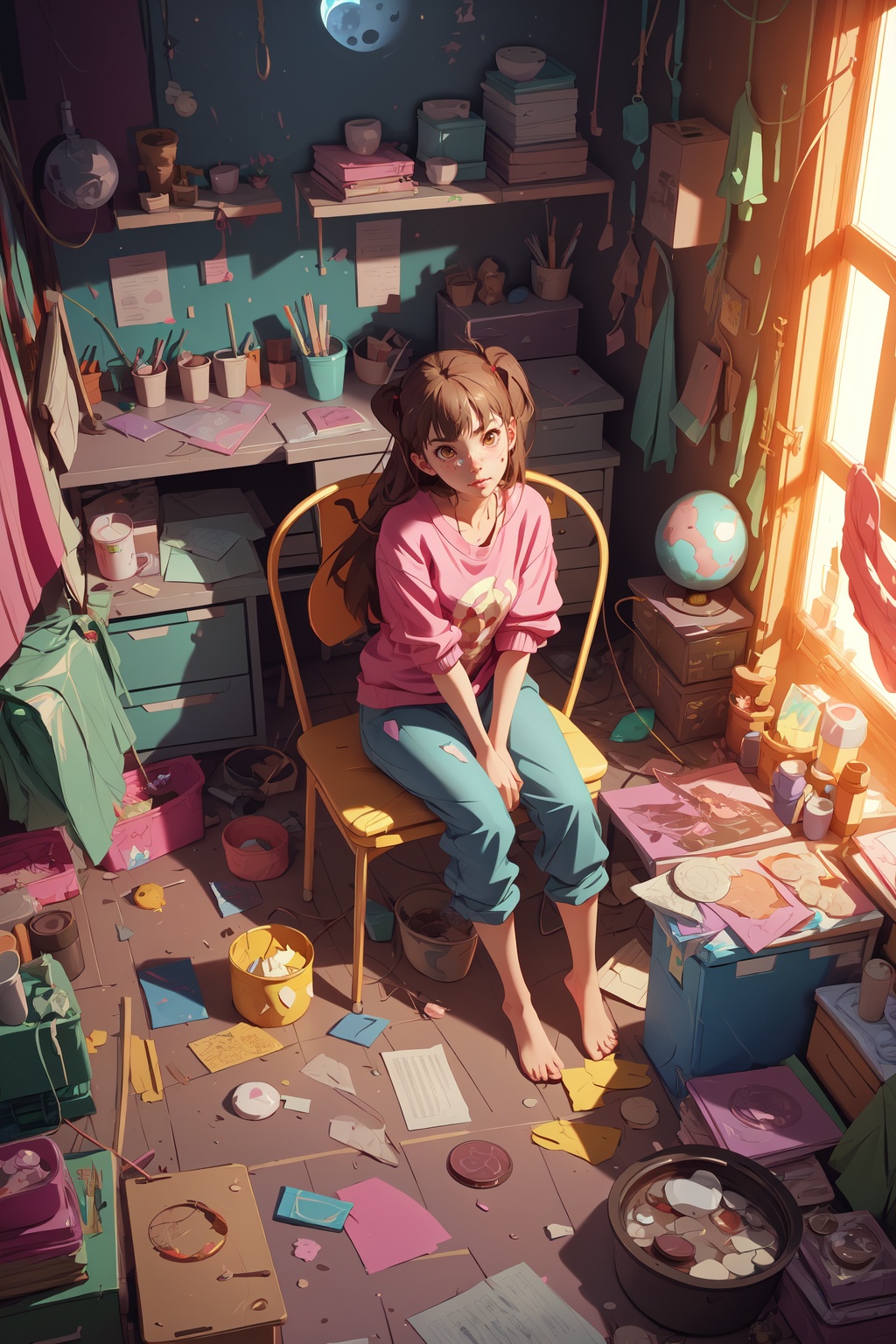 a girl,  sitting in her messy room,  in a room full of pots and trees on Tensor.Art