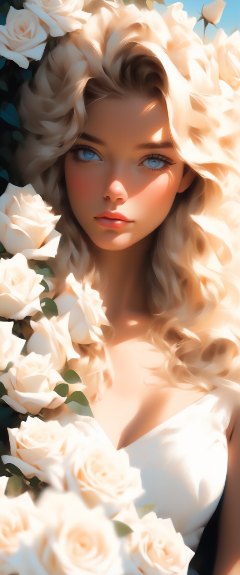 Photorealistic half body portrait of Hyperrealistic character by Alena Aenami,  beautiful blond Woman,  lying in a garden...