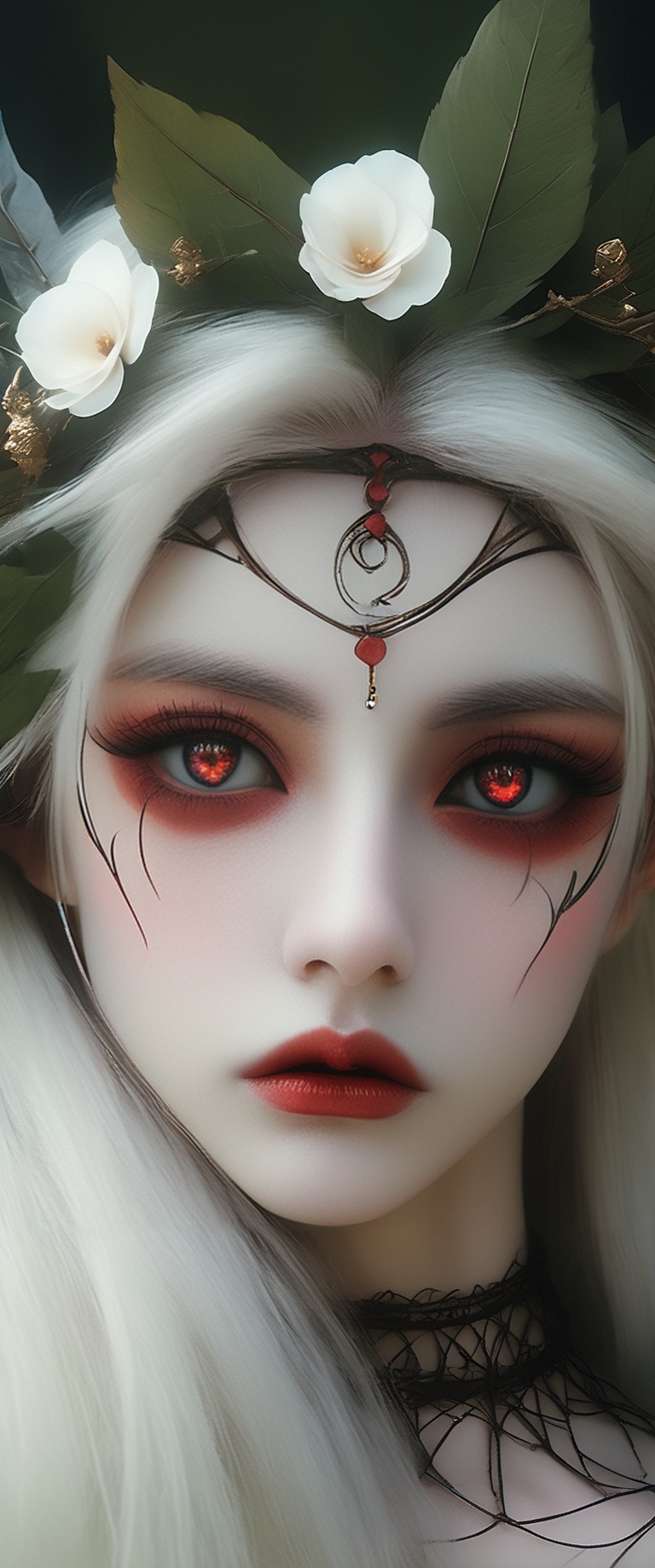 a fantastical character with a gothic appearance,  featuring alabaster skin,  striking red eyes that exude an otherworldly...