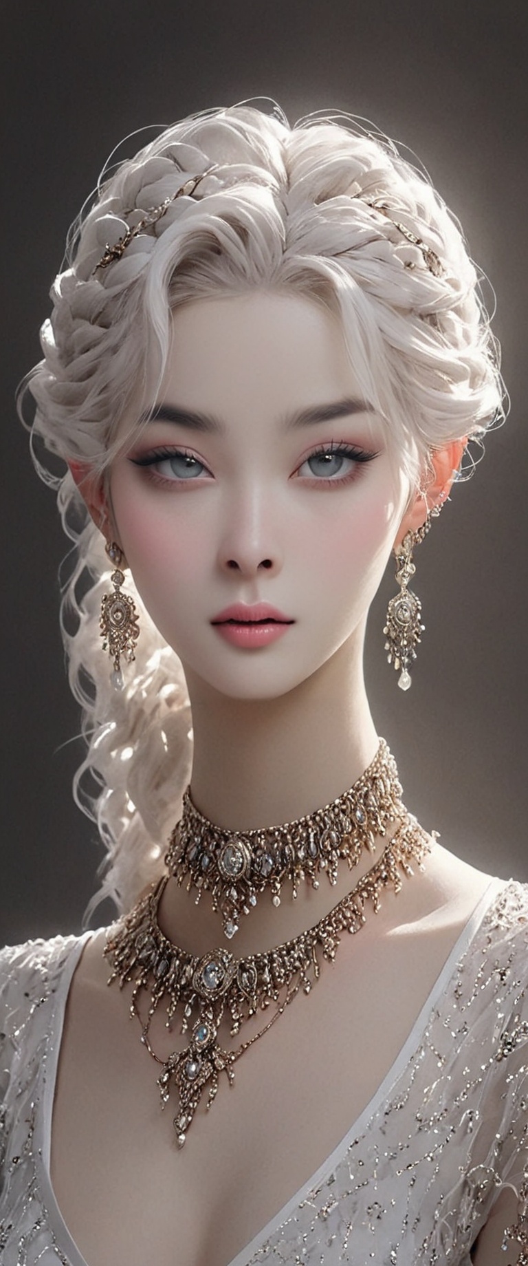 Porcelain woman with ghostly white hair,  jewelry on her head,  earrings on Tensor.Art