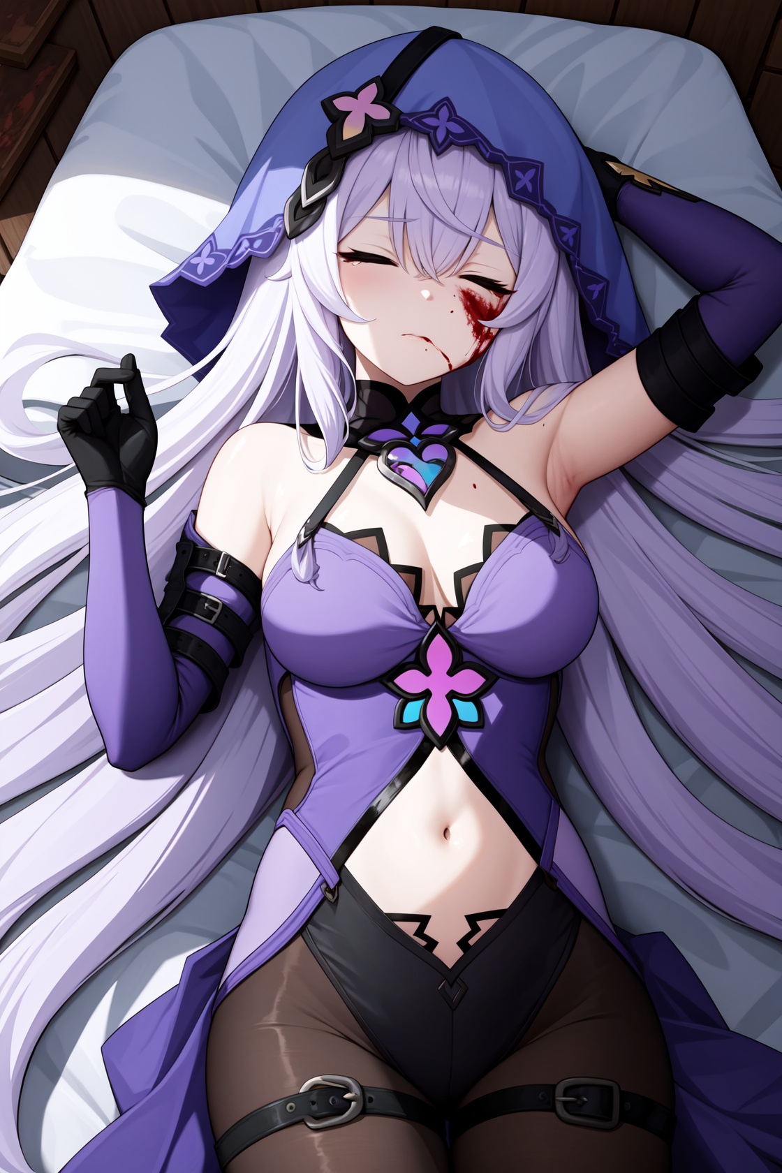 <lora:黑天鹅:1:lbw=char>,heitiane,long hair,gloves,bangs,breasts,bare shoulders,elbow gloves,veil,purple hair,purple dress,purple eyes,hair between eyes,black gloves,yellow eyes,pantyhose,very long hair,closed eyes,lying on the ground,(blood,blood on face:1.2),torn clothes,torn legwear,crying,scared,ruins,light particles,sparkler,corpse,sleeping,bandages,bandaged leg,navel,blood,bandaged arm,on back,injury,cleft of venus,stomach,arms behind head,, 1girl,,  (masterpiece,best quality:1.2),absurdres