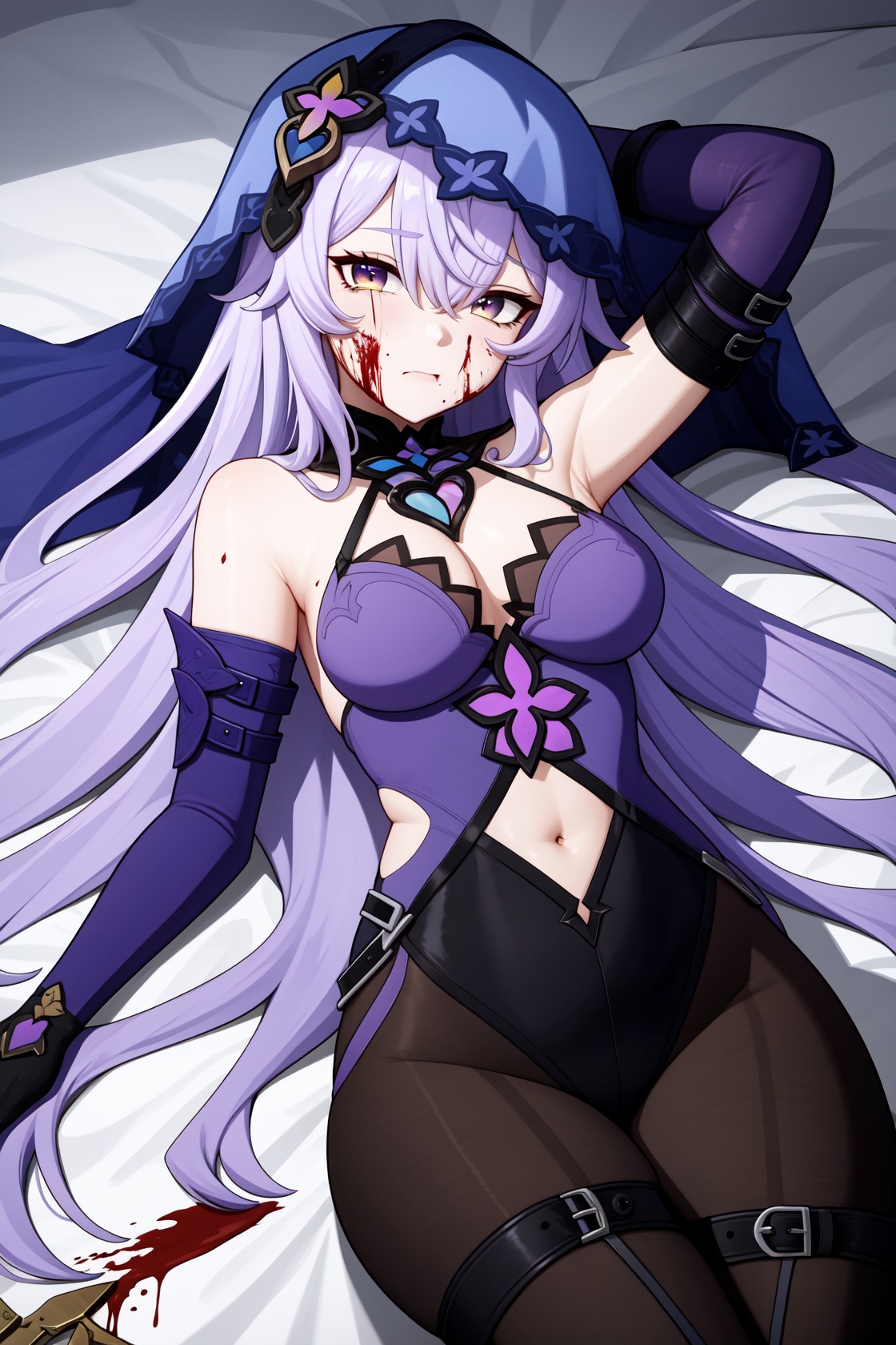 <lora:黑天鹅:1:lbw=char>,heitiane,long hair,gloves,bangs,breasts,bare shoulders,elbow gloves,veil,purple hair,purple dress,purple eyes,hair between eyes,black gloves,yellow eyes,pantyhose,very long hair,yellow eyes,lying on the ground,(blood,blood on face:1.2),torn clothes,torn legwear,crying,scared,ruins,light particles,sparkler,corpse,bandages,bandaged leg,navel,blood,bandaged arm,on back,injury,cleft of venus,stomach,arms behind head,a blade in the abdomen,<lora:genshinImpactModel_v10:0.3:lbw=MIDD>,, 1girl,,  (masterpiece,best quality:1.2),absurdres