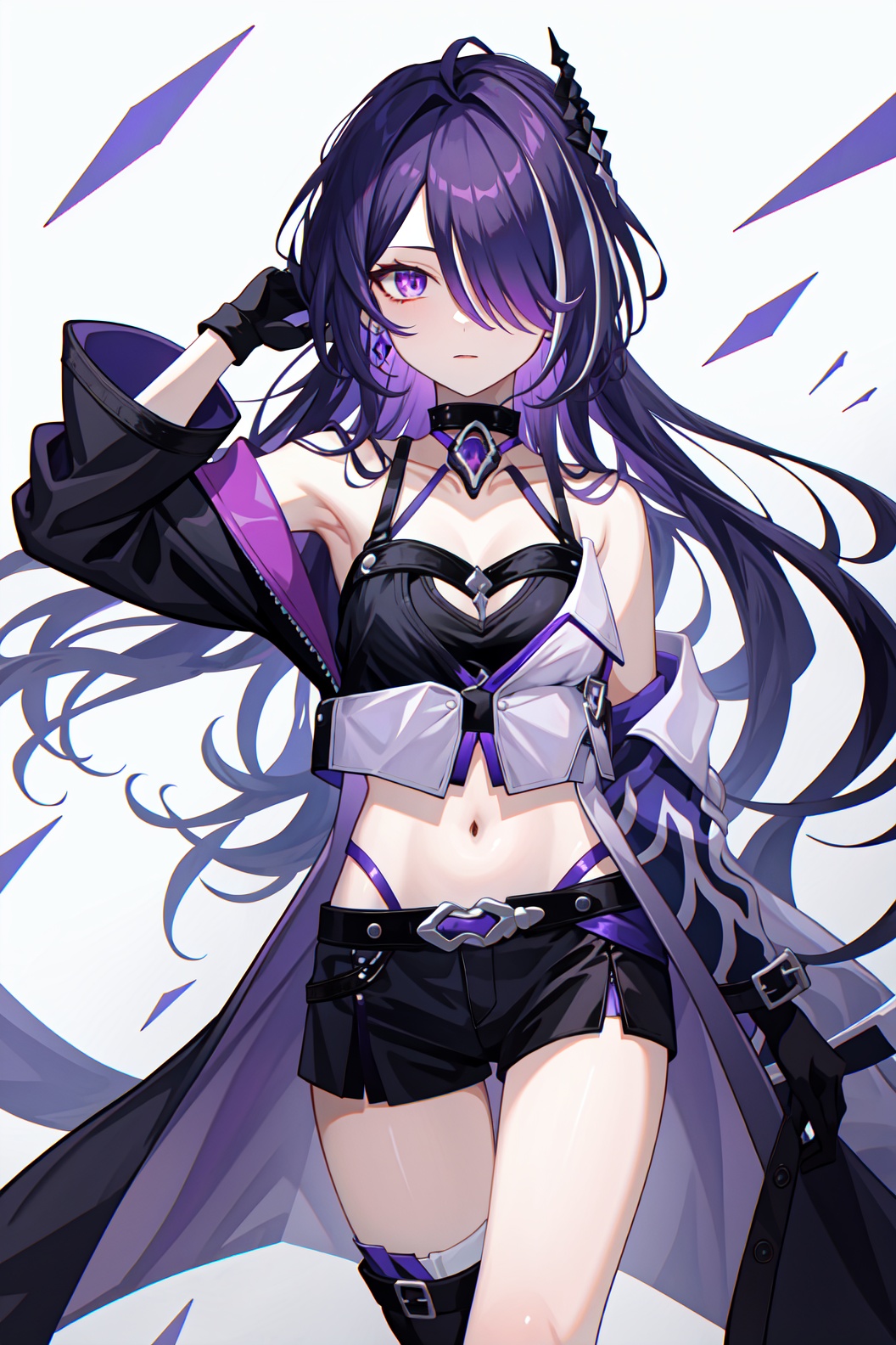 <lora:黄泉:1:lbw=char>,huangquan,long hair,purple hair,purple eyes,hair over one eye,navel,gloves,hair ornament,black gloves,bare shoulders,choker,trench coat,midriff,crop top,single kneehigh,, 1girl,,  (masterpiece,best quality:1.2),absurdres