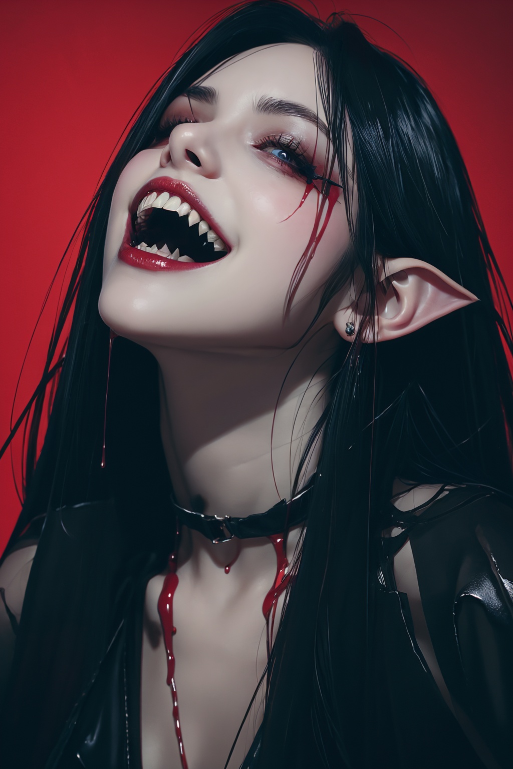 best quality,masterpiece,realistic,long hair,teeth,solo,blood,pointy ears,black hair,red background,open mouth,vampire,1boy,sharp teeth,blood on face,male focus,looking at viewer,