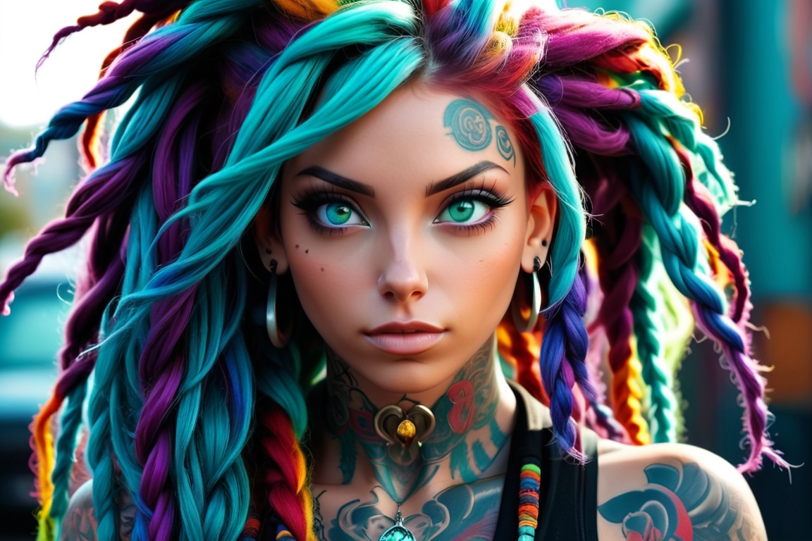 a cinematic portrait of a tattooed girl with colorful dreadlocks and aquamarine eyes on Tensor.Art