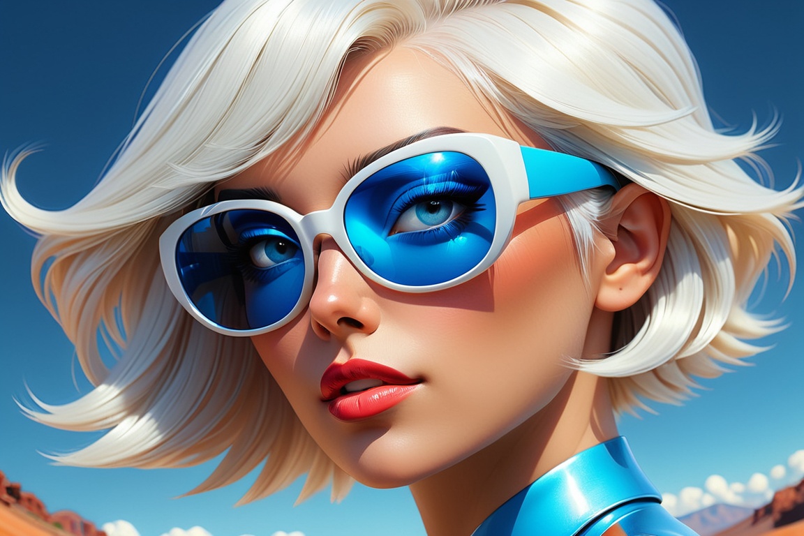 a woman with white hair and blue sunglasses,  a photorealistic painting by Jan Tengnagel,  trending on zbrush central on T...
