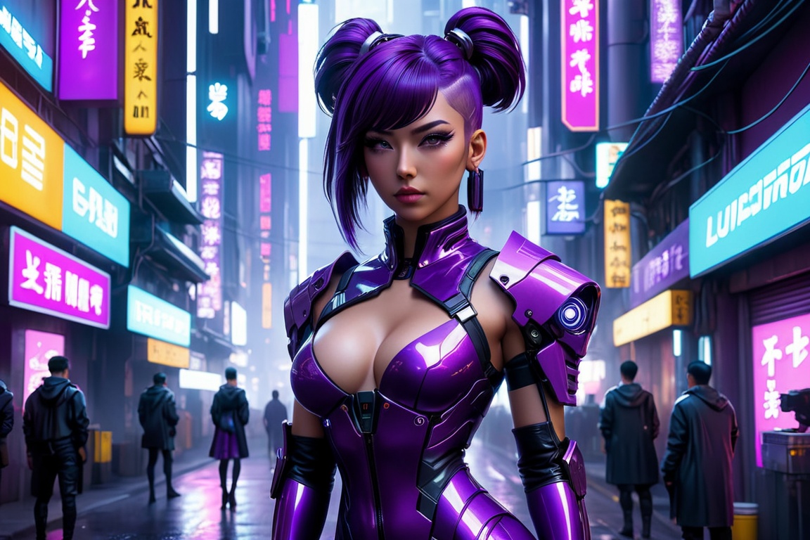 a woman in a purple outfit standing on a city street,  cyberpunk art by Lü Ji,  featured on cgsociety on Tensor.Art