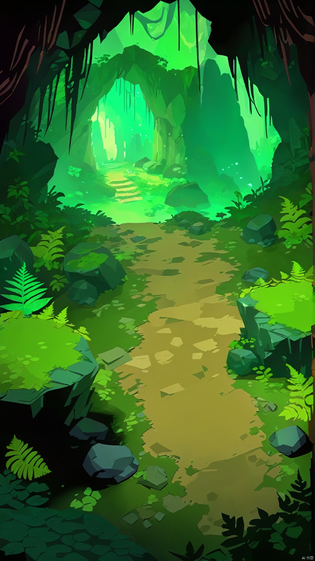 In the game's vertical scene, the player walks through a dense forest to the entrance of a dark and mysterious cave. Huge rocks covered in moss and ferns give off a faint green glow. A damp scent comes to the forefront, accompanied by vague echoes coming from the depths of the cavern. Players need to carefully embark on this adventure and explore the mysteries and dangers of the cave!