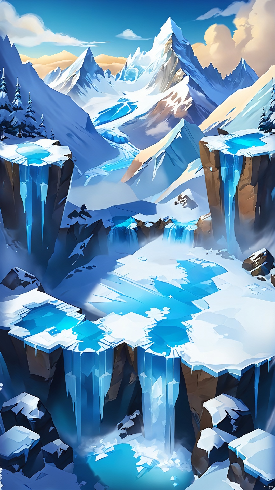 An ice-covered majestic mountain. Above the snow-capped peaks, glaciers stretch down to form spectacular ice waterfalls and ice canyons. With the cold coming in, players need to carefully traverse between the snow and ice, avoiding the dangers of ice blocks and ice cracks. At the peak of the mountain, players can look down on the whole world and feel the magnificence and mystery of the alpine environment