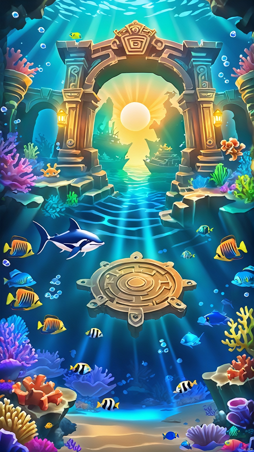 A mysterious underwater world. Through the clear waters, you can see colorful coral formations and a variety of exotic sea creatures. The sun shines down through the water, illuminating everything under the sea and creating mesmerizing light and shadow effects. Players need to carefully navigate through this underwater labyrinth, exploring underwater caves and ancient shipwrecks in search of treasure and lost treasures!
