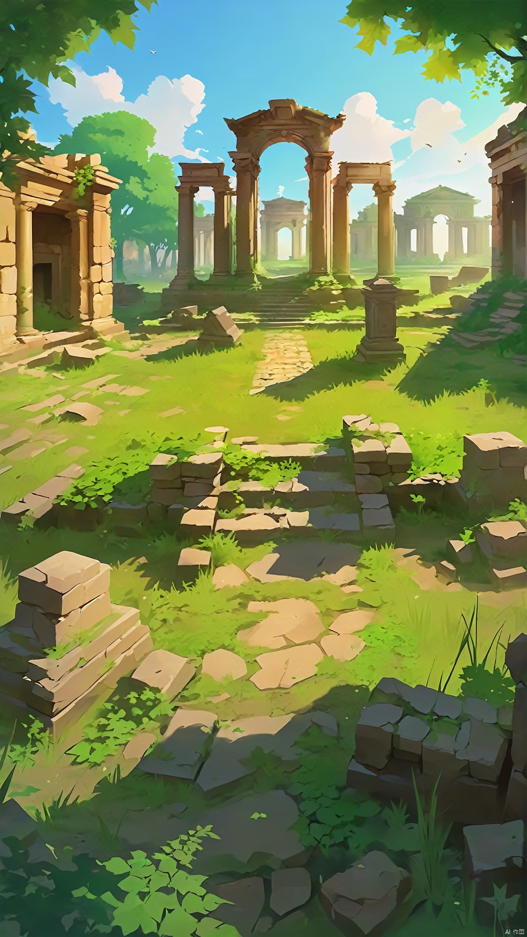 The ruins of an ancient town that the flood of time had destroyed what was left of it. The streets of the town are covered in weeds and grasses, and remnants of buildings are scattered on the ground. Some old statues and monuments still stand among the ruins, testifying to the town's former glory.