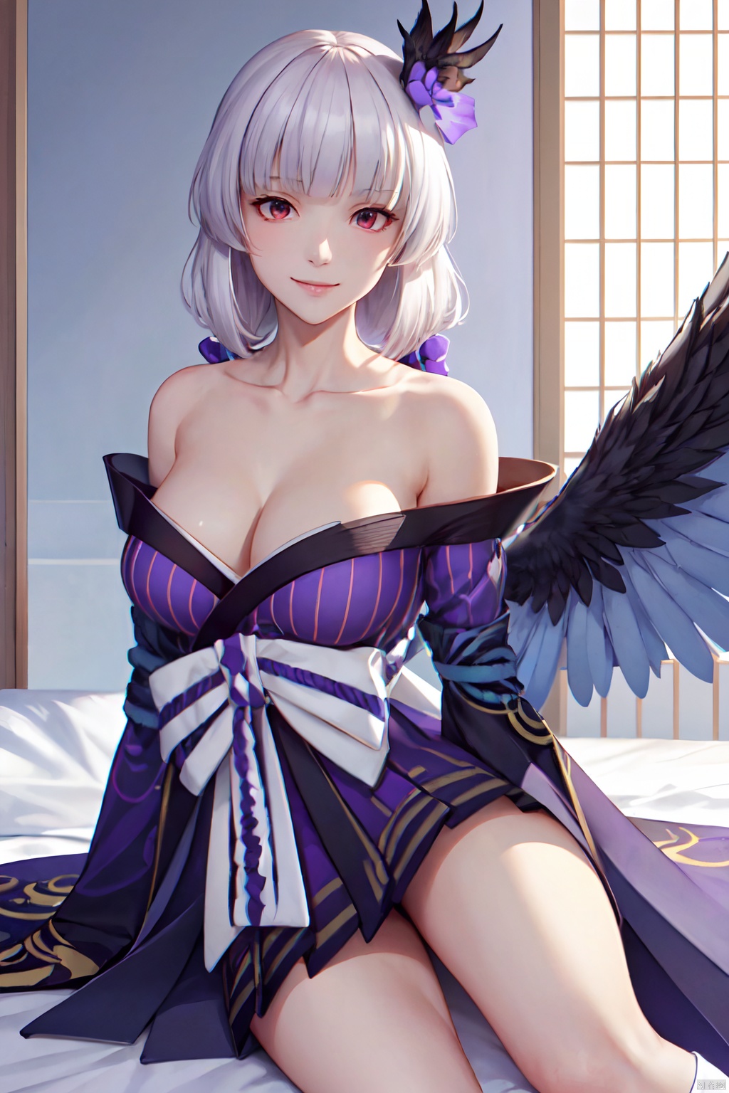 ((masterpiece)), (((best quality))), ((ultra-detailed)), (highly detailed), extremely detail description, ultra-fine painting, ((illustration)), professional, vivid colors, highres, sharp focus, cowboy shot, front view, straight-on, fcPortrait, yijinzhentian, 1girl, solo, mature female, milf, slut, looking at viewer, smile, seductive smile, sexy pose, sexually suggestive, sitting, sit on bed, spread legs, grey hair, hair ornament, long hair, light purple hair, bell, bangs, red eyes, beautiful detailed eyes, light red eyes, bare shoulders, collarbone, breasts, cleavage, japanese clothes, kimono, (winged arms), feathers, perfect female body, neat figure, slender waist, wide hips, slim legs, socks, indoors, bedroom, japanese bedroom, east asian architecture, ,lying