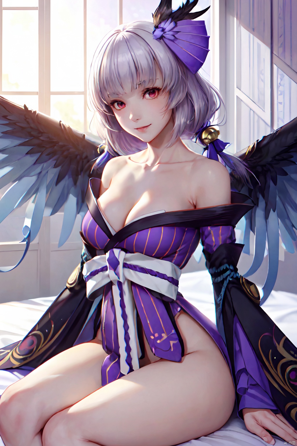 ((masterpiece)), (((best quality))), ((ultra-detailed)), (highly detailed), extremely detail description, ultra-fine painting, ((illustration)), professional, vivid colors, highres, sharp focus, cowboy shot, front view, straight-on, fcPortrait, yijinzhentian, 1girl, solo, mature female, milf, slut, looking at viewer, smile, seductive smile, sexy pose, sexually suggestive, sitting, sit on bed, spread legs, grey hair, hair ornament, long hair, light purple hair, bell, bangs, red eyes, beautiful detailed eyes, light red eyes, bare shoulders, collarbone, breasts, cleavage, japanese clothes, kimono, (wings arms), feathers, perfect female body, neat figure, slender waist, wide hips, slim legs, socks, indoors, bedroom, japanese bedroom, east asian architecture,,